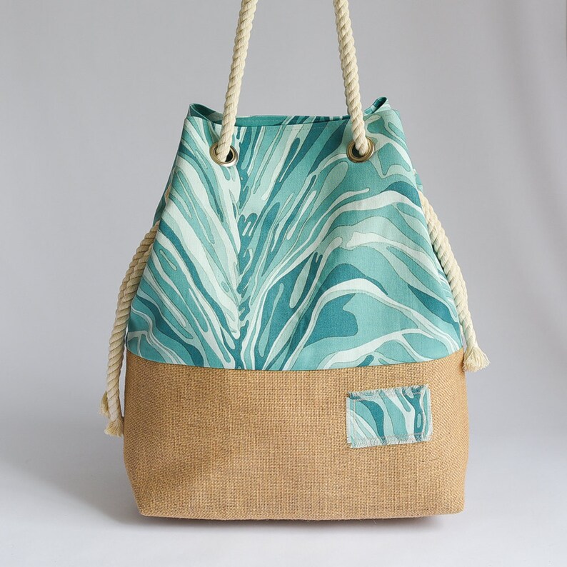 Large Handmade Hobo Bag Beach Tote Beach Bag Blue Ocean Cotton and Hessian Base Beach Tote