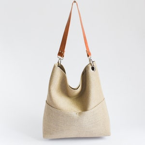 Natural Linen Hobo Bag with Leather Strap Medium Size, Fabric Shopper Handbag with Pockets, Summer Beach Bag for Women, Gift for Her.