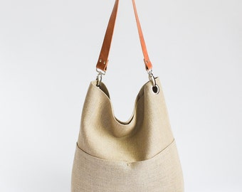 Natural Linen Hobo Bag with Leather Strap Medium Size, Fabric Shopper Handbag with Pockets, Summer Beach Bag for Women, Gift for Her.