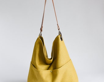 Natural Linen Tote Bag with Leather Handle Strap and Pockets, Mustard Linen Shopper Beach Shoulder Hobo Bag for Women, Summer Gift for Her.