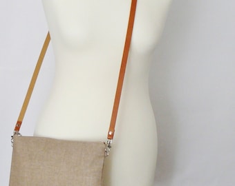 Natural Linen Crossover Bag - Zippered Travel Pouch with Leather Strap