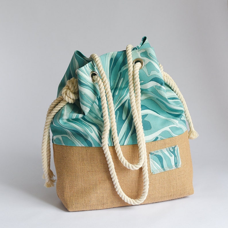 Large Handmade Hobo Bag Beach Tote Beach Bag Blue Ocean Cotton and Hessian Base Beach Tote