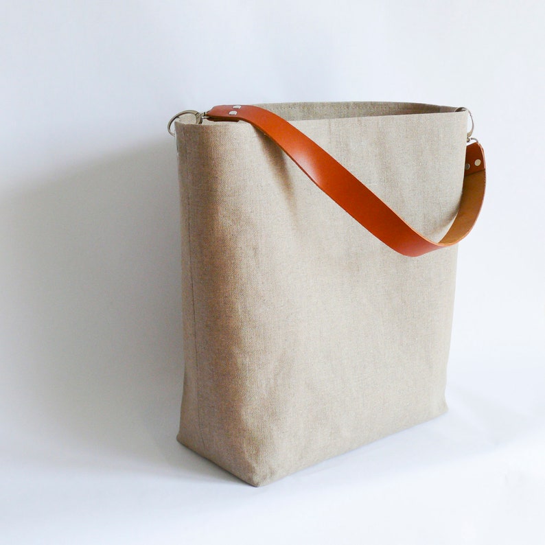 Natural Linen Jute Tote Bag Leather Handles Medium Tote Bag Etsy