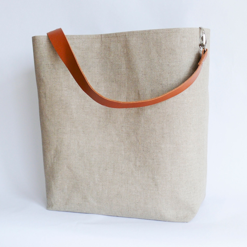 Natural Linen Jute Tote Bag Leather Handles Medium Tote Bag Etsy