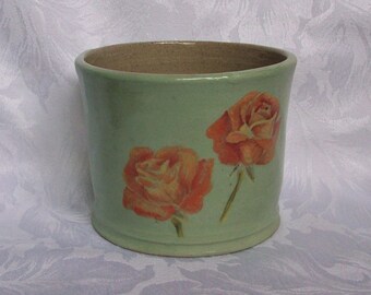 Handmade ceramic pottery pale green indoor planter, plant pot with hand-painted yellow and orange roses