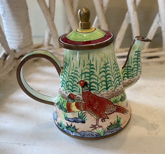 1999 Kelvin Chen Mini Enamel Teapot Pheasant Scene Etsy