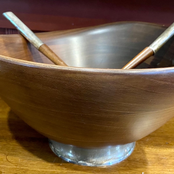 Stunning Mid Century Hand Turned Mahogany Salad Bowl with Serving Fork and Spoon, Sterling Handles