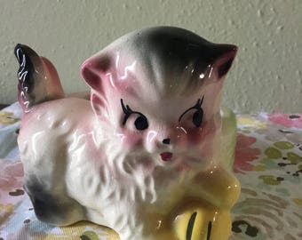 Vintage Kitten Planter with Pink Bow