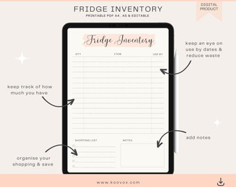 Kitchen Inventory Printable, Pantry, Fridge Inventory tracker, Food Inventory Tracker, Home Inventory, 4 sizes A4 A5 Letter Half Letter