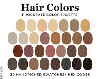 Natural Hair Color Palette, Brown Hair, Blond Hair Color Swatches, Hex Codes, Portrait Art Illustration, Hair Color Palette Procreate,