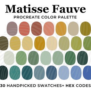 May include: A digital color palette for the Procreate app, inspired by the art of Henri Matisse. The palette features 30 handpicked swatches in shades of brown, yellow, green, blue, and gray. The title "Matisse Fauve Procreate Color Palette" is displayed at the top of the image.