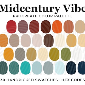 Puede incluir: Una paleta de colores digital llamada "Midcentury Vibe" para Procreate, con 30 muestras de colores seleccionadas a mano y códigos hexadecimales. La paleta presenta una variedad de tonos cálidos y terrosos, incluyendo rojos, marrones, naranjas y verdes, con algunos azules y grises más fríos. El texto "Procreate Color Palette" está incluido.