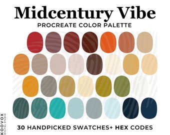 Vintage Color Palette Procreate, HEX Codes, Midcentury modern color swatches, Retro Procreate Color Palette, Mid century color scheme