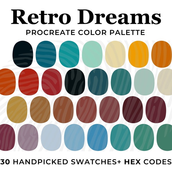 Retro 70s Color Palette, Retro Procreate swatches, HEX Codes, Vintage Procreate Palette, procreate color palette, digital illustration