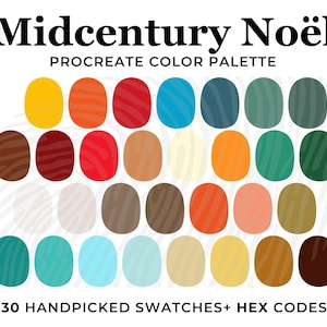 Pode incluir: Uma paleta de cores digital para Procreate com 30 amostras cuidadosamente selecionadas em um estilo moderno de meados do século com um tema natalino. A paleta inclui tons de vermelho, verde, marrom, amarelo, azul e branco.