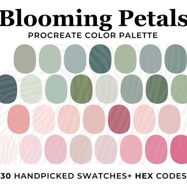 Floral Color Palette for Procreate, Procreate Color Palette, Procreate Swatches, Hex codes,  Flower Color Scheme, Green Pink Wedding color