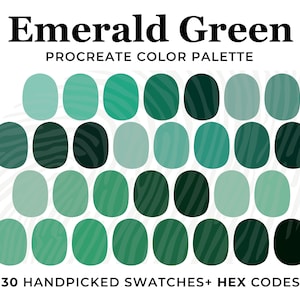 May include: A digital colour palette for the Procreate app featuring 30 shades of green, ranging from light to dark, with a striped pattern. The palette is titled "Emerald Green".