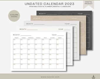 May include: An undated 2023 calendar in landscape format. The digital planner features a monthly layout with space for the month and year. The design includes five color options and three sizes. The text on the calendar includes "Month" and "Year".