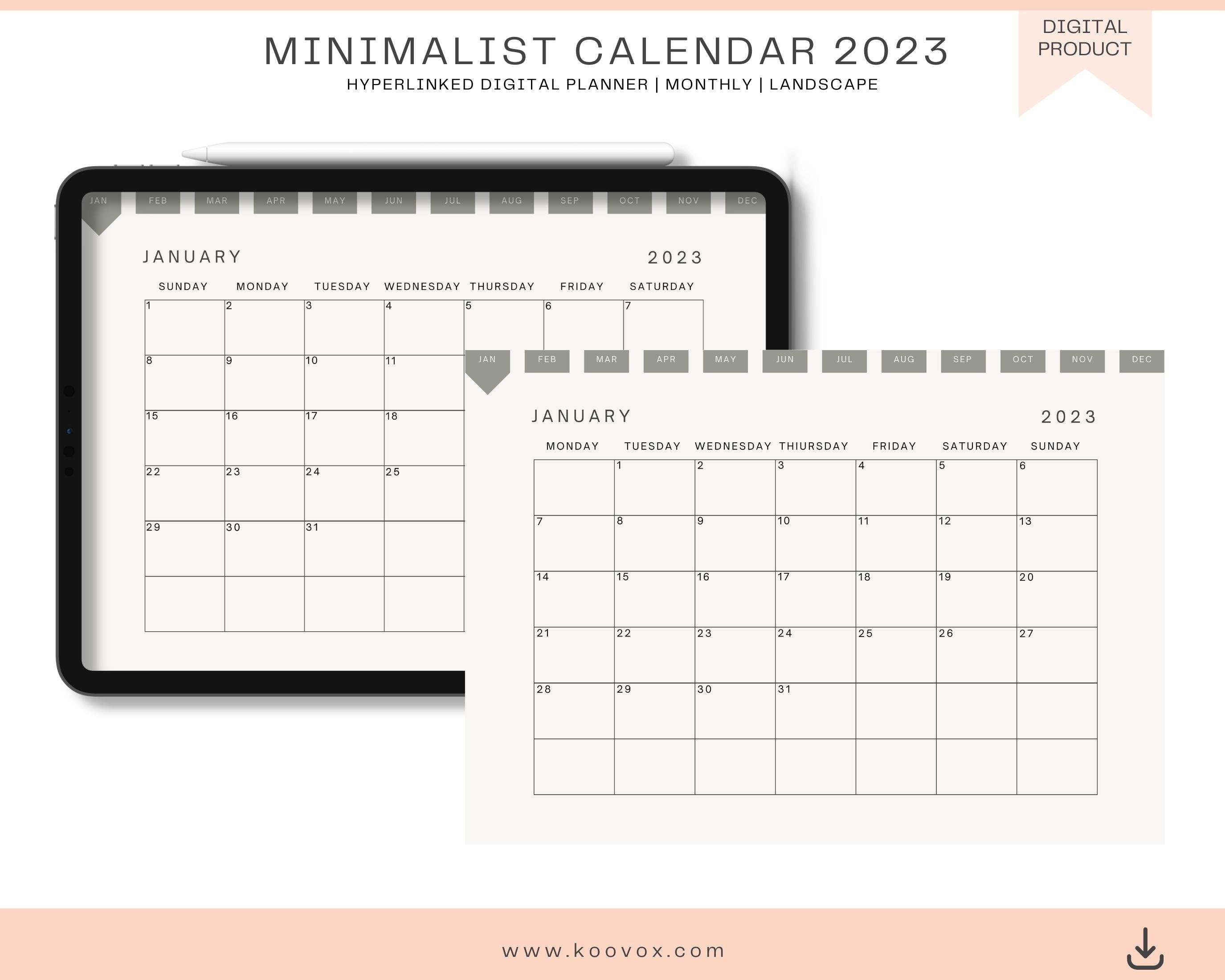 2023 Printable Calendar Landscape, Minimalist Monthly Calendar 2023