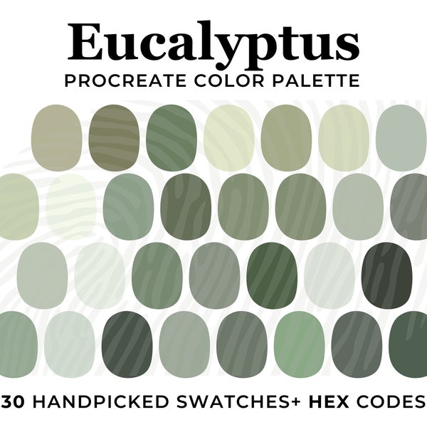 Palette de couleurs vert eucalyptus pour procréer, échantillons de procréation, palette de couleurs d'eucalyptus code HEX, jeu de couleurs vert, mariage vert poussiéreux