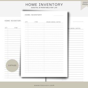 May include: A digital and printable A4 home inventory template. The design is minimalist, with sections for quantity, item, brand, model, and notes. The image shows three styles of the template.