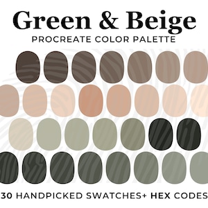 Könnte beinhalten: Eine digitale Farbpalette namens "Green & Beige" für Procreate mit 30 handverlesenen Farbfeldern in Grün-, Beige- und Brauntönen. Das Bild enthält den Text "KOOVOX DIGITAL STUDIO" und "HEX CODES".