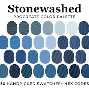 May include: A digital colour palette for Procreate featuring 30 handpicked shades of blue, ranging from light to dark. The palette is titled "Stonewashed" and includes hex codes for each colour.