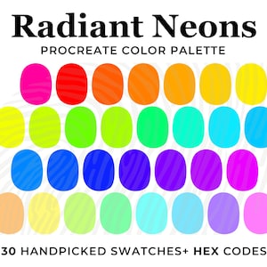 May include: A digital color palette with 30 vibrant neon colors, perfect for use in Procreate. The palette features a variety of bright hues, including pink, yellow, green, blue, and purple. The colors are arranged in rows of five, with each color represented by a circle.