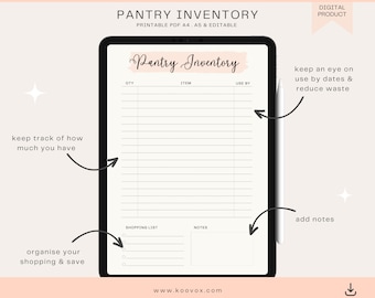 Kitchen Inventory Printable, Pantry Inventory tracker, Food Inventory Tracker, Home Inventory, 4 sizes A4 A5 Letter Half Letter