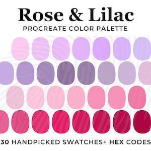 Puede incluir: Una paleta de colores digital para Procreate con 30 muestras cuidadosamente seleccionadas en tonos de rosa y lila. La paleta incluye una gama de tonos rosas, morados y rojos.
