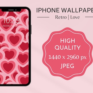 Retro iPhone Wallpaper Pink Heart phone wallpaper Cute Valentines Retro phone background Groovy 70s 80s aesthetic Hot Pink Heart lock screen