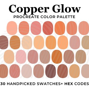 Puede incluir: Una paleta de colores digital con 30 muestras seleccionadas a mano en tonos cobre, naranja y rosa. La paleta se titula "Copper Glow" y está diseñada para usar con la aplicación Procreate.