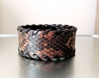 Snakeskin Print Leather Bracelet for Men: Wide Snap Bangle