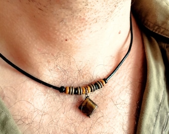 Tiger Eye Leather Cord Choker Necklace: Wood Bead Pendant