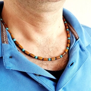 Wood Beaded Choker for Men: Turquoise Howlite Boho Necklace