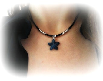Tour de cou femme étoile de mer, pendentif étoile pierre, collier corde cuir femme, collier sodalite, cadeau pour elle, bijoux vie marine