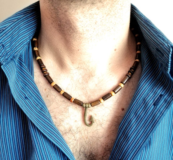 Fish Hook Wooden Necklace, Wood Beaded Necklace for Men, Gift for