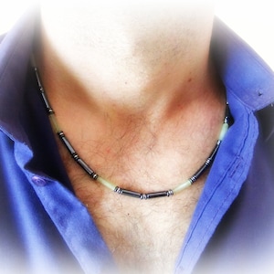 Mens Jade Hematite Beaded Necklace: Stainless Steel Clasp