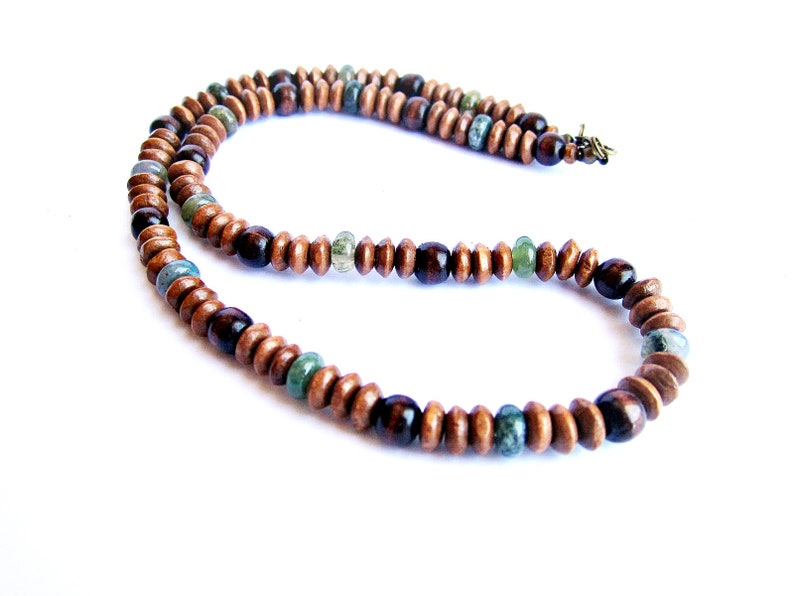 Mens Wooden Necklace Wood Stone Beaded Ethnic Image 0
