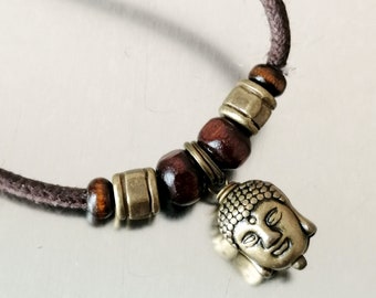 Collana uomo Buddha, girocollo corda, collana corda perline legno, girocollo testa di Buddha, regalo per lui, gioielli yoga