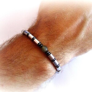 Hematite & Labradorite Beaded Bracelet for Men: Stainless Steel Adjustable Stone Bracelet