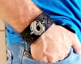 Dragon Bracelet Men's Wide Leather Wristband Jewelry Gift for Him