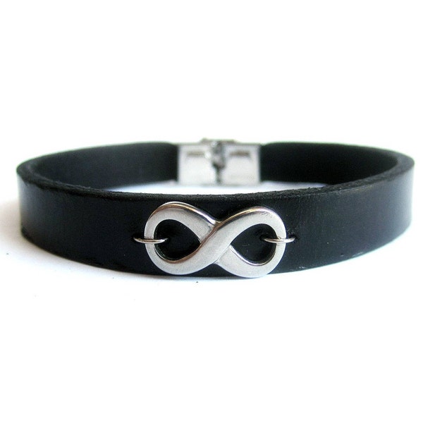 Bracelet infini homme, bracelet jonc cuir noir, infini acier inoxydabl, bijoux homme, cadeau pour lui