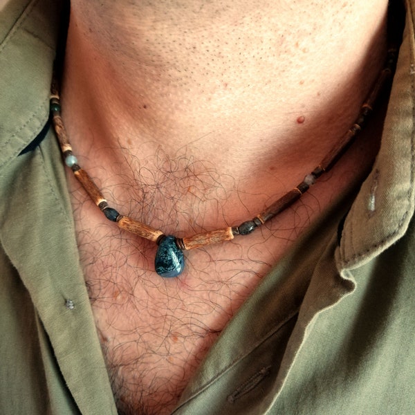 Coconut wood bead necklace for men, wooden choker, brown green necklace, gift for him, wooden jewelry, wood stone necklace