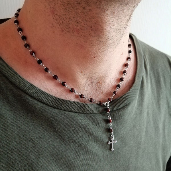 Red tiger eye rosary necklace for men, stainless steel cross pendant necklace, religious jewelry, gift for him, gemstone bead rosary