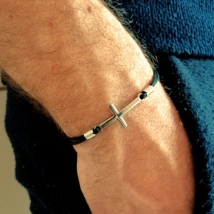 Men&#39;s Stainless Steel Cross Bracelet: Black Cord Christian Jewelry