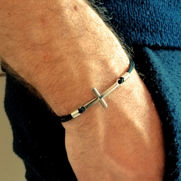 Silver cross cord bracelet for men, stainless steel cross bracelet, christian jewelry, cross string bracelet, gift for him, religious