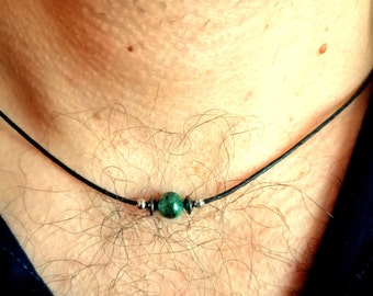 Natural emerald bead choker, green stone rope necklace, surfer jewelry, gift for him, simple cord choker necklace, emerald jewelry