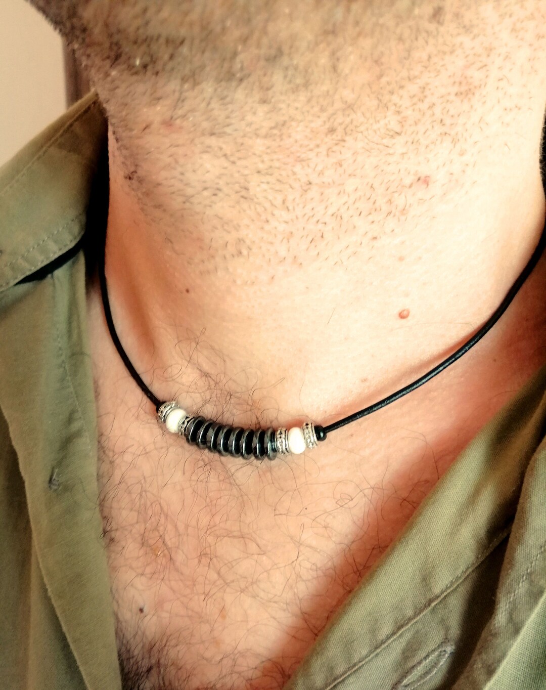 Bracciale Cuoio Uomo Collana Girocollo In Pelle Nera O Marrone - Foto 12