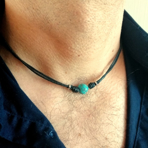 Collier turquoise homme, tour de cou perle pierre, cadeau pour lui, bijoux turquoise, collier corde pierre, collier surf perle unisexe